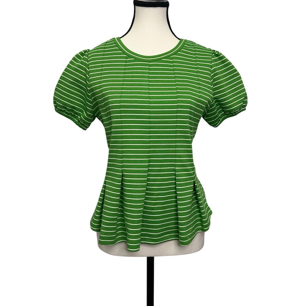 Maeve by Anthropologie Green Striped Puff-Sleeve Peplum Top - Size XS